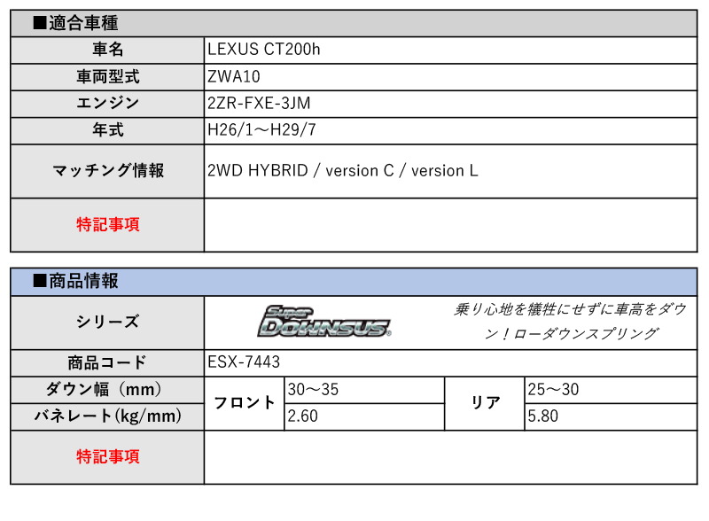 [エスペリア]ZWA10 レクサスCT200h_version C / version L(H26/1～H29/7)用スーパーダウンサス[車検対応]_画像2