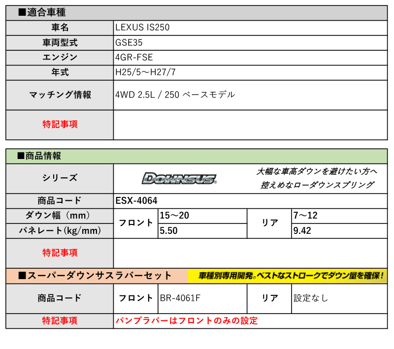 [エスペリア]GSE35 レクサスIS250_250 ベースモデル(H25/5～H27/7)用ダウンサス＆バンプラバー[車検対応]_画像2