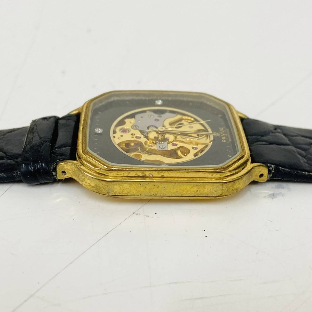 【動作確認済み】REVUE レビュー スクエア型 手巻き式 レディース 腕時計 ゴールドGP スケルトン文字盤 裏スケ ブラック×ゴールド_画像3