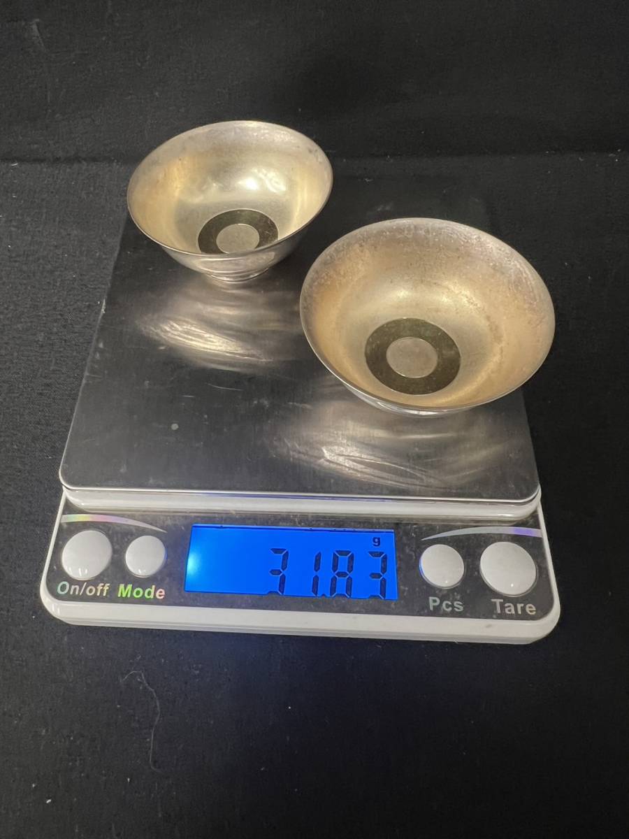  純銀 山崎謹製 盃 2客 総重量約31.8g 酒器 杯 ぐい呑み 猪口 金属工芸 SILVER シルバー 銀製品 銀食器 刻印 時代 骨董 古美術_画像7