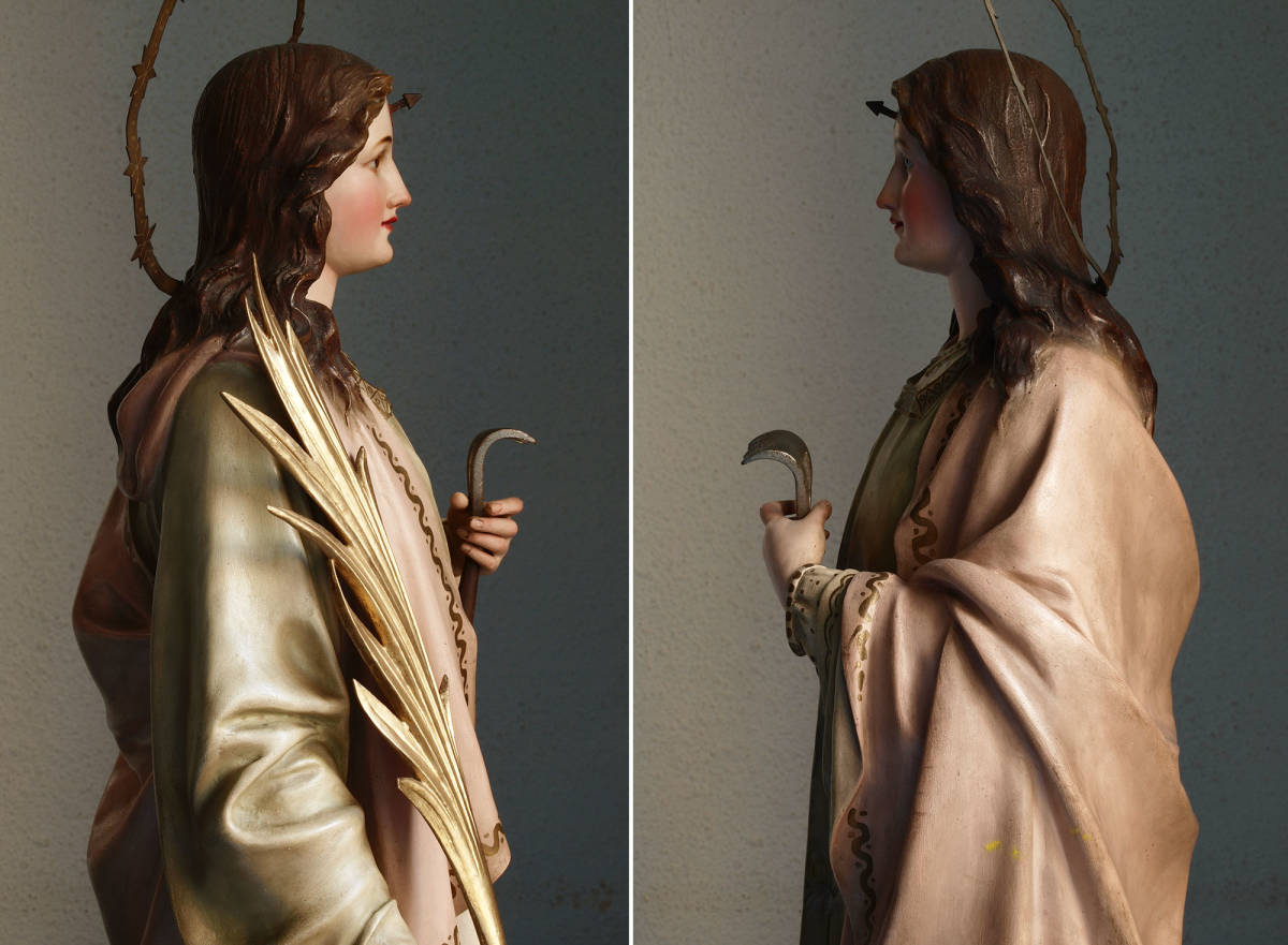 聖エングラシア像 高73cm ポルトガルの貴婦人 聖エングラティア 殉教者 宗教彫刻 聖人像 工藝 1930年 アンティーク/G779_画像10