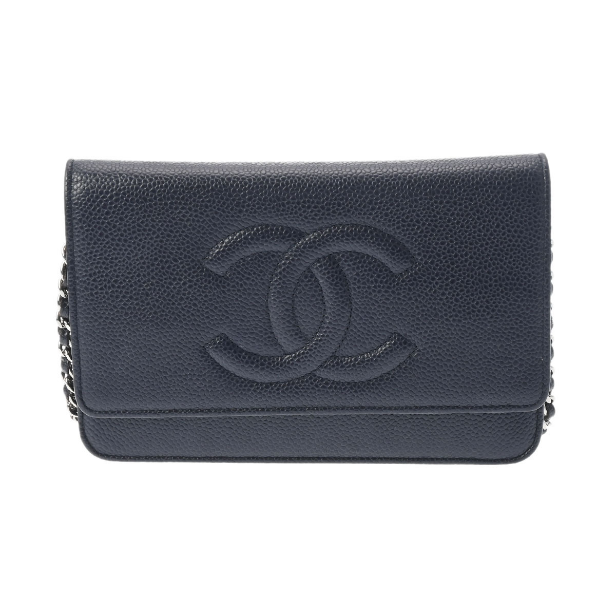 CHANEL シャネル ココマーク ネイビー シルバー金具 レディース キャビアスキン チェーンウォレット Aランク 中古 銀蔵