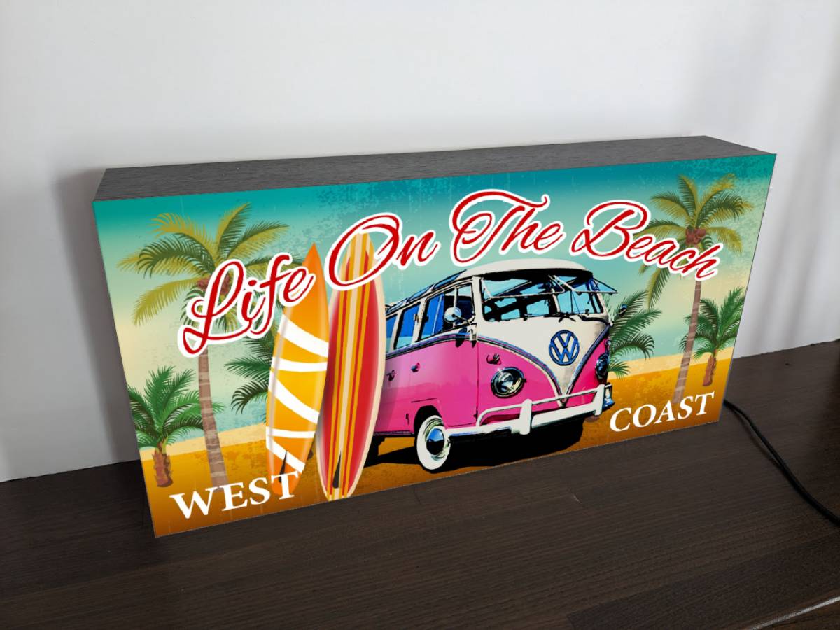 【Lサイズ】カリフォルニア サーフィン ワーゲンバス ビーチ 海 ヤシの木 夏 カフェ バー 看板 置物 雑貨 ライトBOX 電飾看板 電光看板