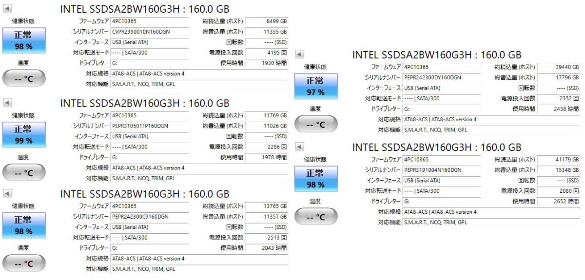 ☆ 送料無料 インテル製 SDD 160GB ☆ SSDSA2BW160G3H 10枚セット 出品ラスト 使用1000～2600時間台_チェック結果-2