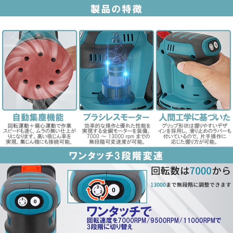 ★送料無料・30日間保証付き★電動サンダー　電動ダブルアクションサンダー マキタ互換品 充電式 ランダムオービットサンダ_画像2