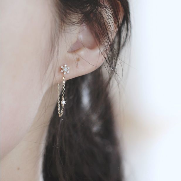  flower earrings zirconia Gold silver 925 K14 CZ flower silver earrings both ear 14kgp