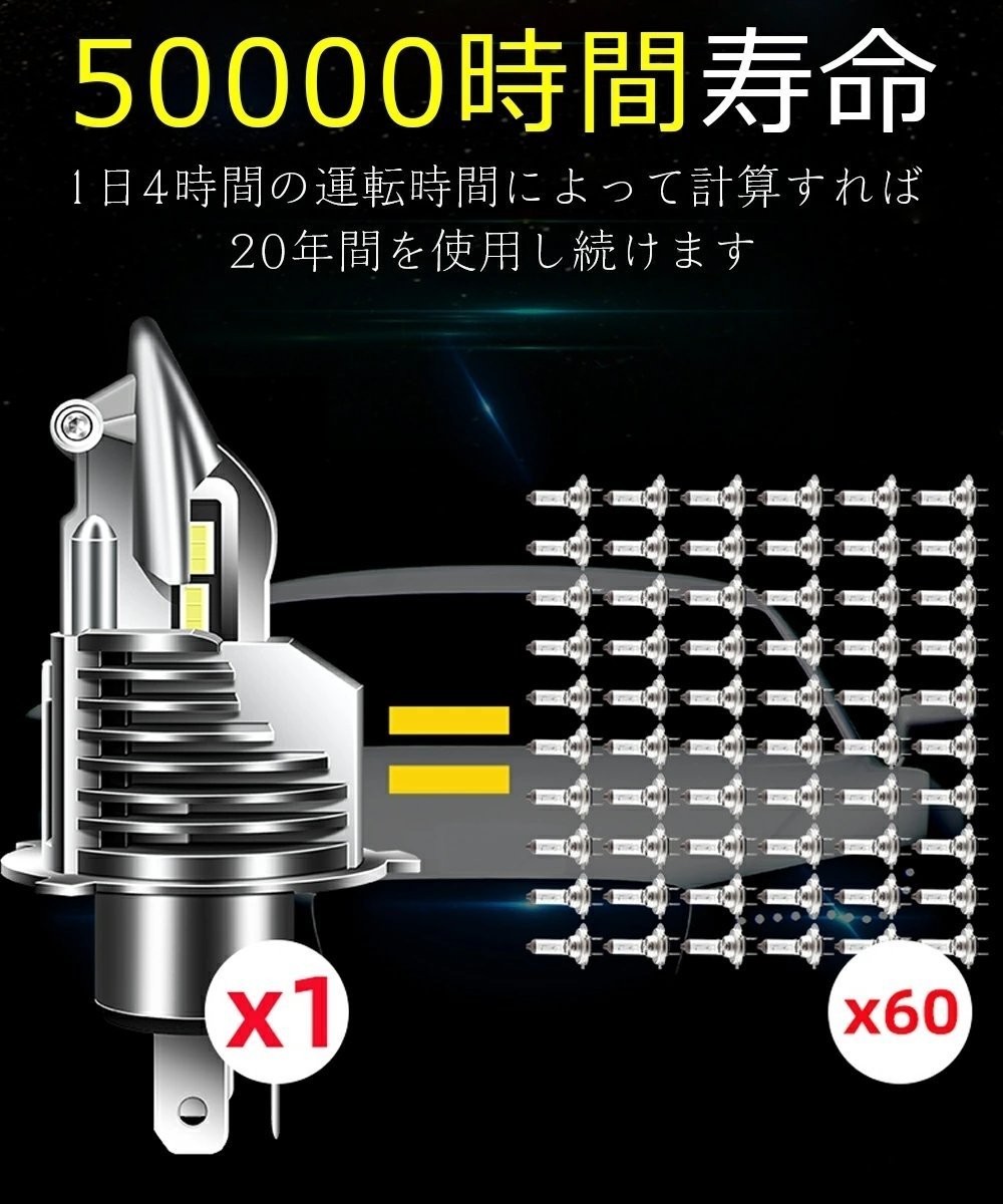 h4 led ヘッドライト 車検対応 ledへっどライトh4 hi lo ヘッドライト CSPチップ搭載 60W/2個 ホワイト 6500K バイク 爆光 2個セット_画像5