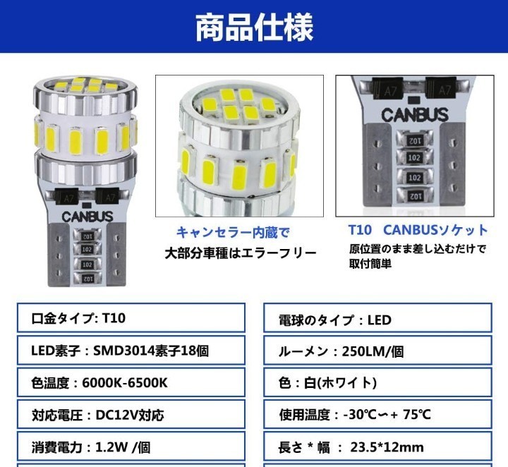 ［送料無料］T10 LED 18連 ホワイト 爆光 ４個セット キャンセラー内蔵 車検対応 LED18連 DC12V自動車専用 ポジション/ナンバー灯/室内灯_画像2