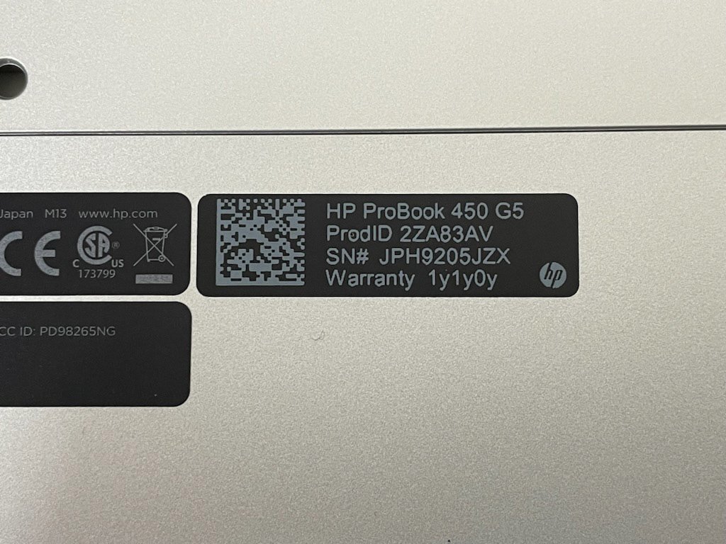 【UEFI起動確認済み／中古】ProBook 450 G5 (Core i5-7200U, RAM 8GB, SSD/HDD 無し[OS無し]) 本体のみ（ACアダプタ無し）_画像9