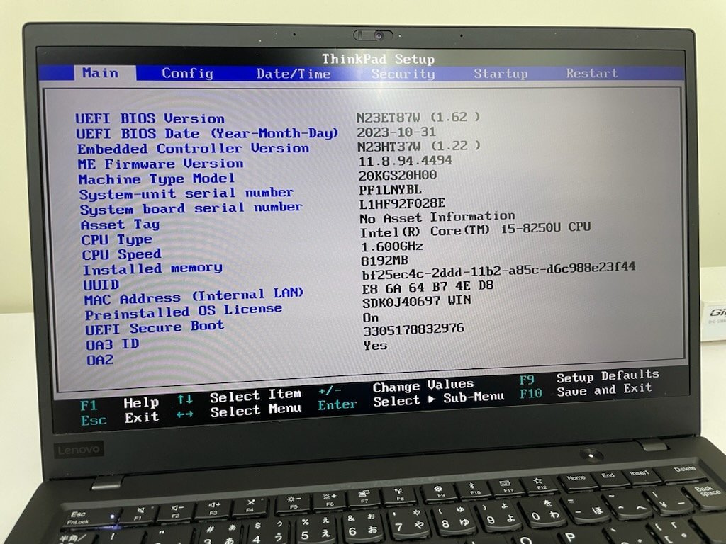【UEFI起動確認済み／中古】ThinkPad X1 Carbon [TYPE 20KG-S20H00] (Core i5-8250U, RAM8GB, SSD無し) 本体のみ（ACアダプタ無し）_画像4
