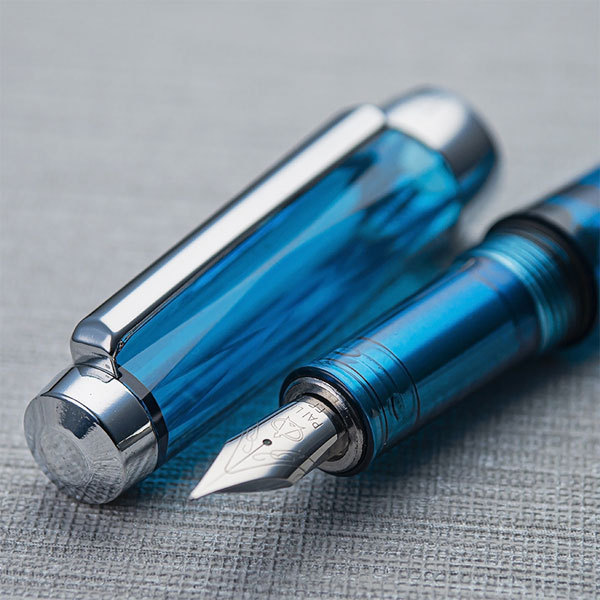 ◆●万年筆【上海ブランド】大容量 デモンストレーター 万年筆 プランジャー吸入式 バキュームフィラー F細字 ブルー 透明軸 新品/CH8-BL_今回の出品はペン先：Fです