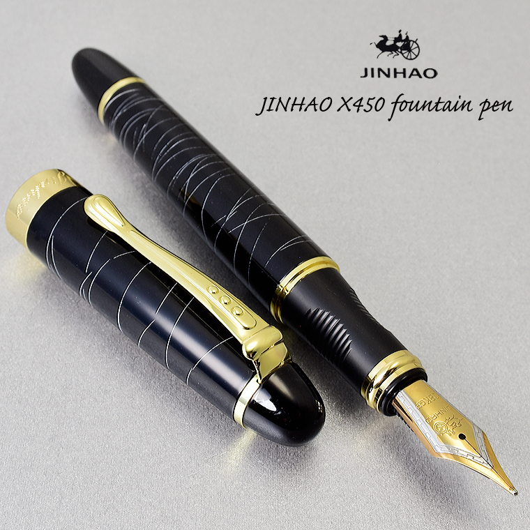 ◆●万年筆【JINHAO/金豪】X450 葉巻型 黒軸 ライン模様 白線 太軸 両用式 大型 18KGP ペン先 Ｆ 細字 ランダム 縞模様 1円～ 新品/JH74F_今回の出品はＦ細字です