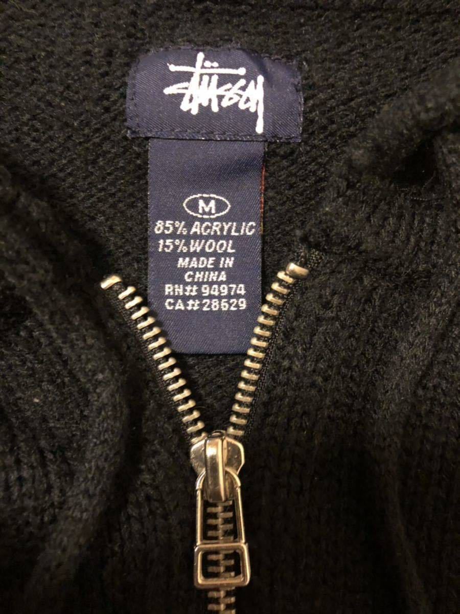 90’s old stussy used オールド ステューシー アーチロゴ ニット ジップアップパーカー パーカー フーディ ブラック 古着_画像3