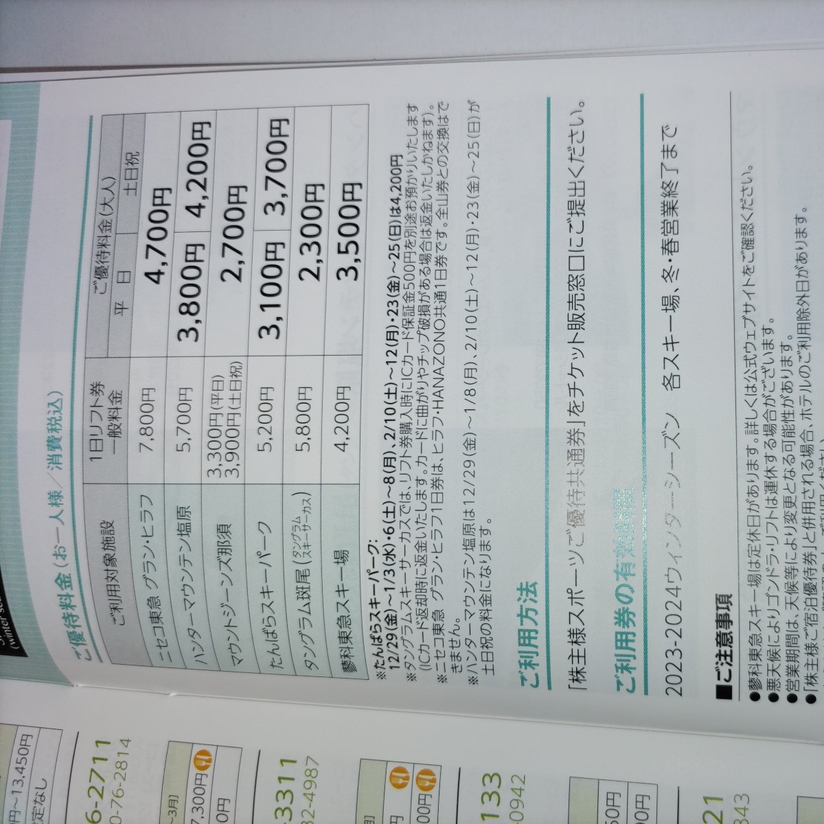 東急不動産　株主優待　スキー場　ニセコ　たんばら　マウントジーンズ那須　ハンターマウンテン　タングラム　更科_画像2