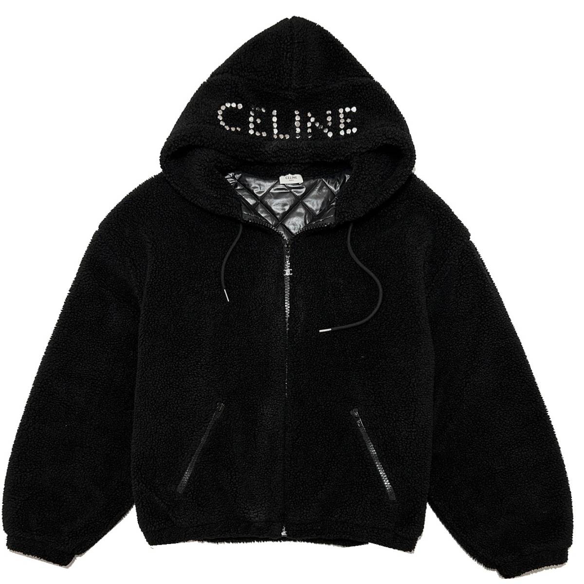 国内正規品 22AW CELINE オーバーサイズスタッズロゴフードボアブルゾン XL 黒 セリーヌ ダウン コート パーカー ジャケット_画像1