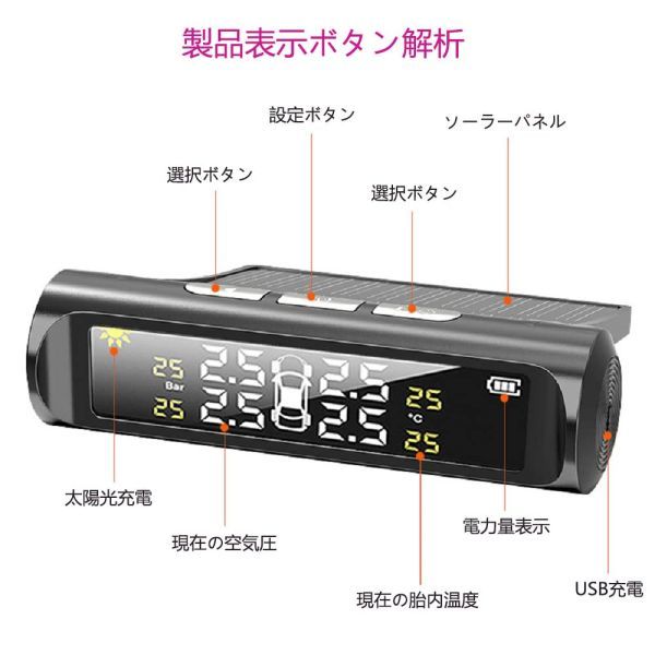 タイヤ空気圧センサー タイヤ空気圧モニター TPMS気圧温度 即時監視 太陽能/USB二重充電 ワイヤレス 外部センサー 振動感知 1円_画像7