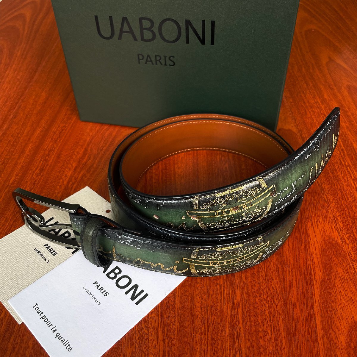 希少 EU製 定価9万◆UABONI*ユアボニ*幻のパティーヌ*ベルト◆手染 ゴールデン 調節可能 本革 レザー スーツ ビジネス 紳士用 メンズ_画像1