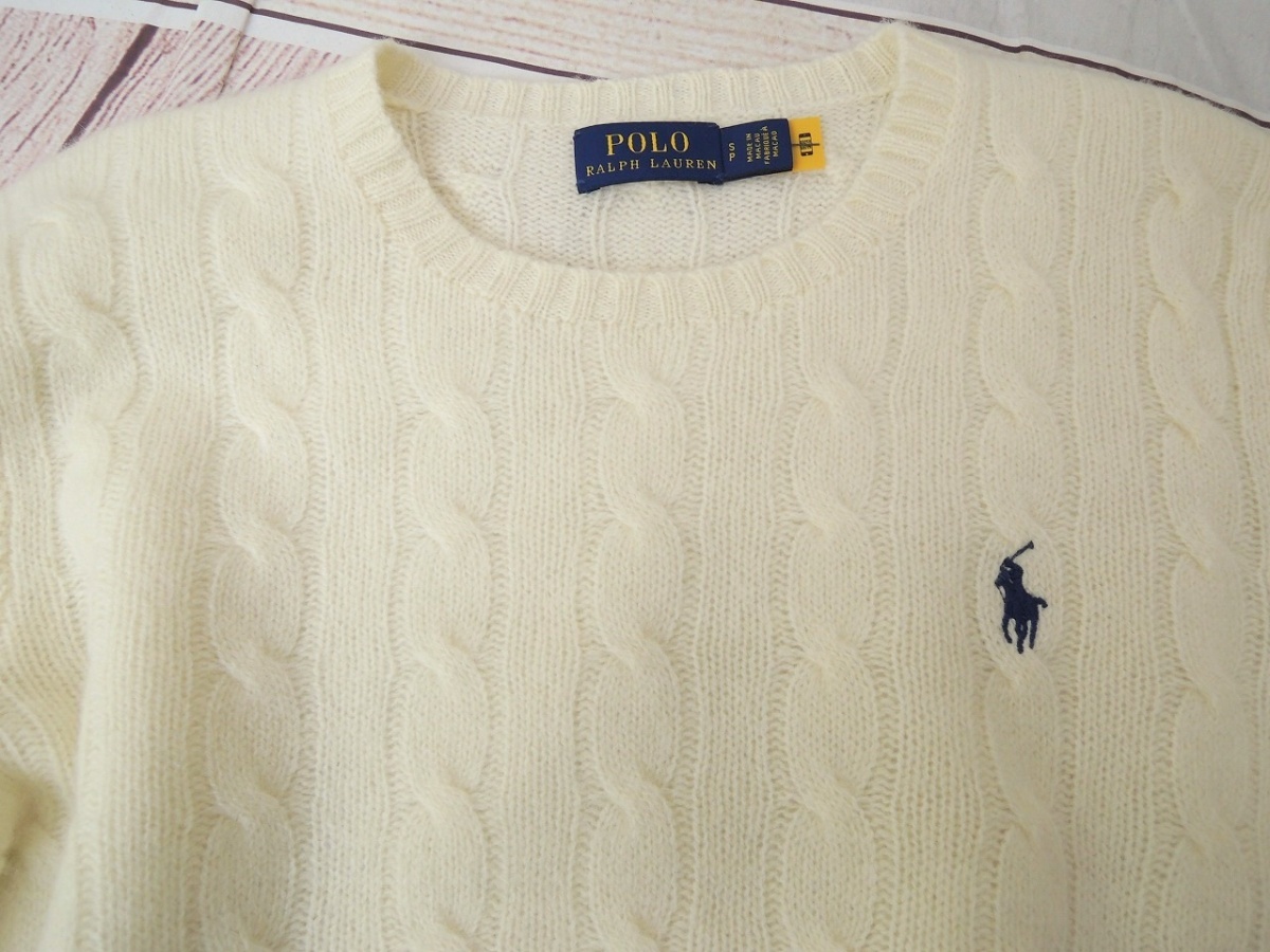 POLO RALPH LAUREN ポロ ラルフローレン ケーブルニット S 160/84A ホワイト 毛90% カシミヤ10% Made in Macau_画像3