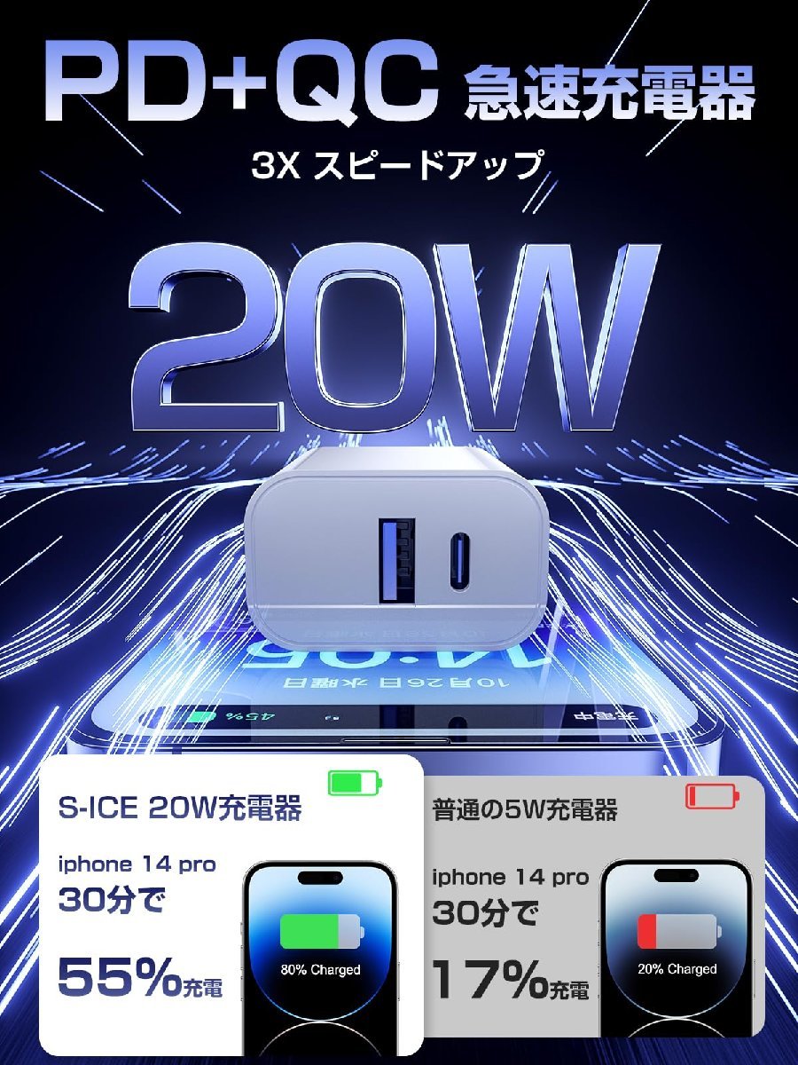 送料無料★iphone 充電器 type-c 20W MFi認証&充電ケーブル 1m付き usb 急速充電器 二台同時 ホワイト_画像2