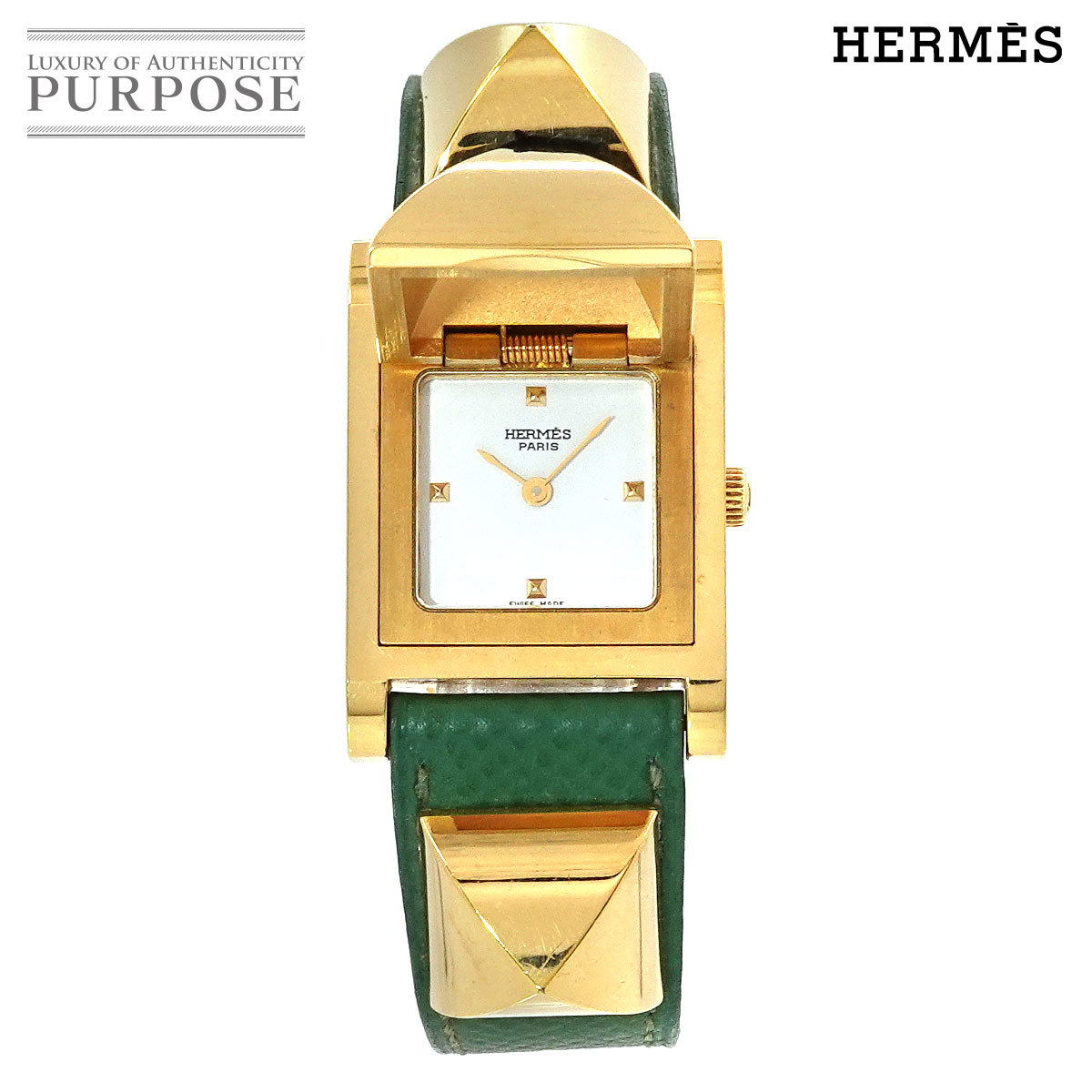 エルメス HERMES メドール ヴィンテージ レディース 腕時計 ピラミッド ゴールド スタッズ ホワイト 文字盤 クォーツ Medor 90217647