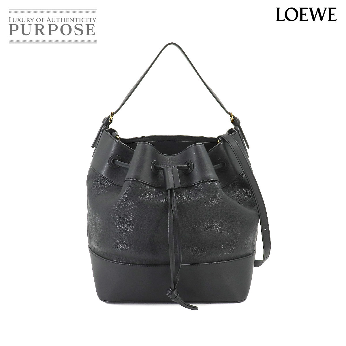 新品同様 ロエベ LOEWE ミッドナイト バケット 2way ショルダー バッグ レザー ブラック ゴールド 金具 Midnight Bucket 90216257