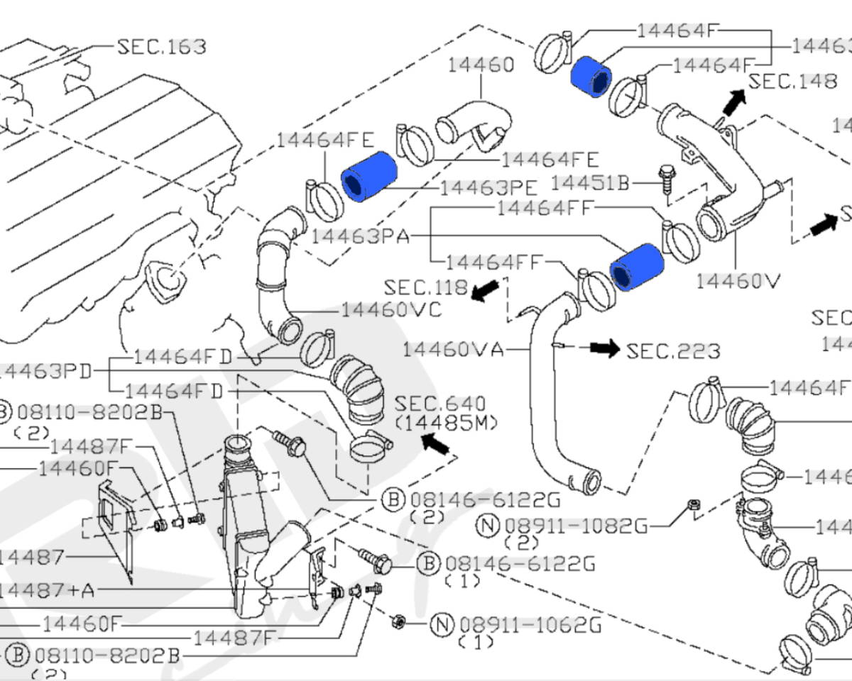 青 ER34 GTT シリコン パイプ 3点セット スロットル インタークーラー インレット タービン エンジン 上部分 R34 RB25 DET_画像2