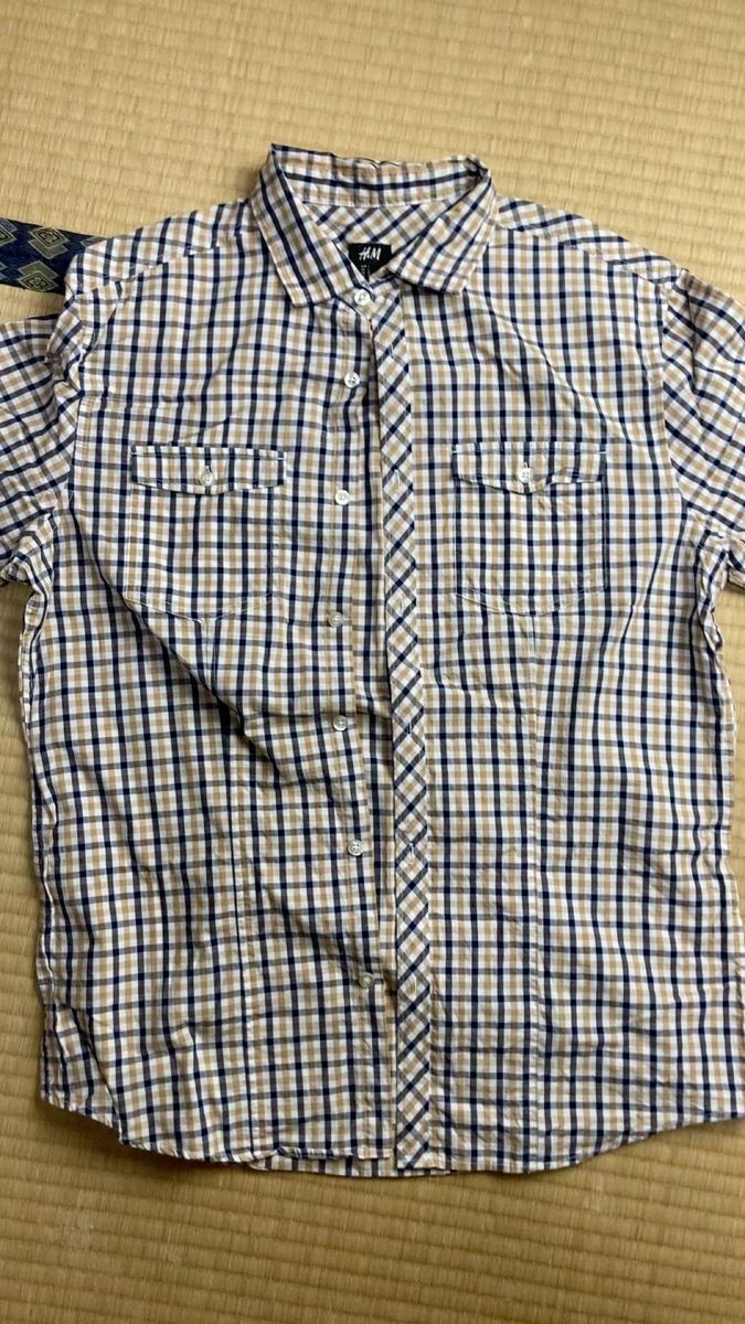 【H&M】黄土色&紺&白のチェック柄半袖ワイシャツLサイズ