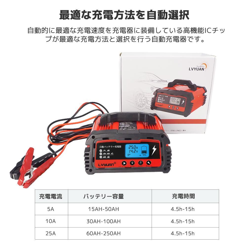 自動パルスバッテリー充電器 定格25A 12V/24V対応 維持充電方式 緊急時 全自動 スマートチャージャー バッテリー診断機能付_画像8