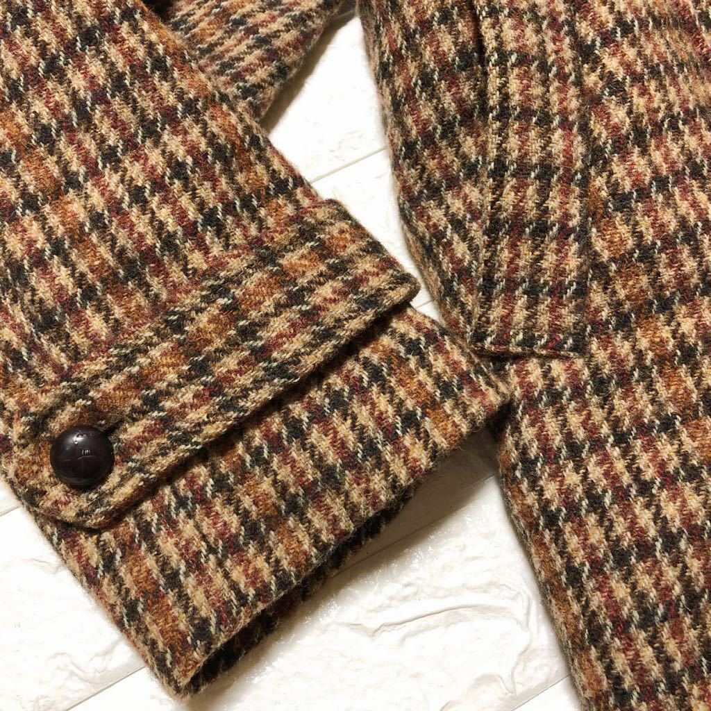  原文:★美品★ハリス ツイード Harris Tweed コート ハーフ丈 チェック ブラウン系×レッド XL メンズ 秋 冬