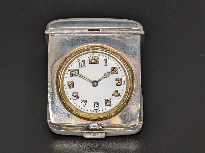 ◆5/26迄の価格◆銀無垢ハンターケースの懐中時計と比べてください/超希少英国製純銀925トラベルウォッチ/機械式/手巻き/1919年/シルバー_画像2