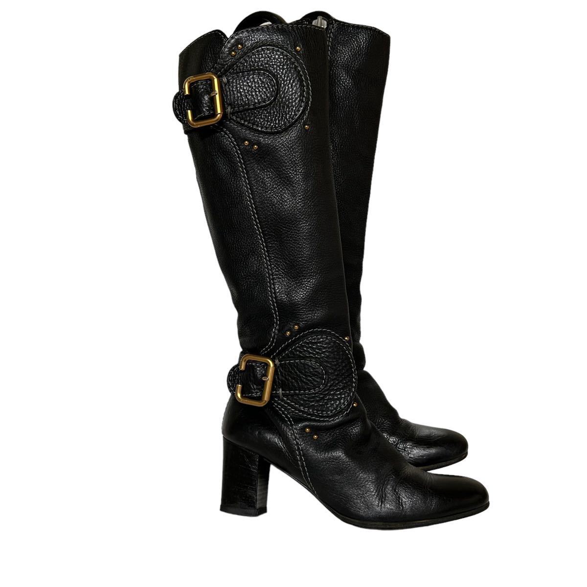 BA939 Italy made Chloe Chloe lady's long boots 38 approximately 24cm black leather original leather type pushed . side Zip 