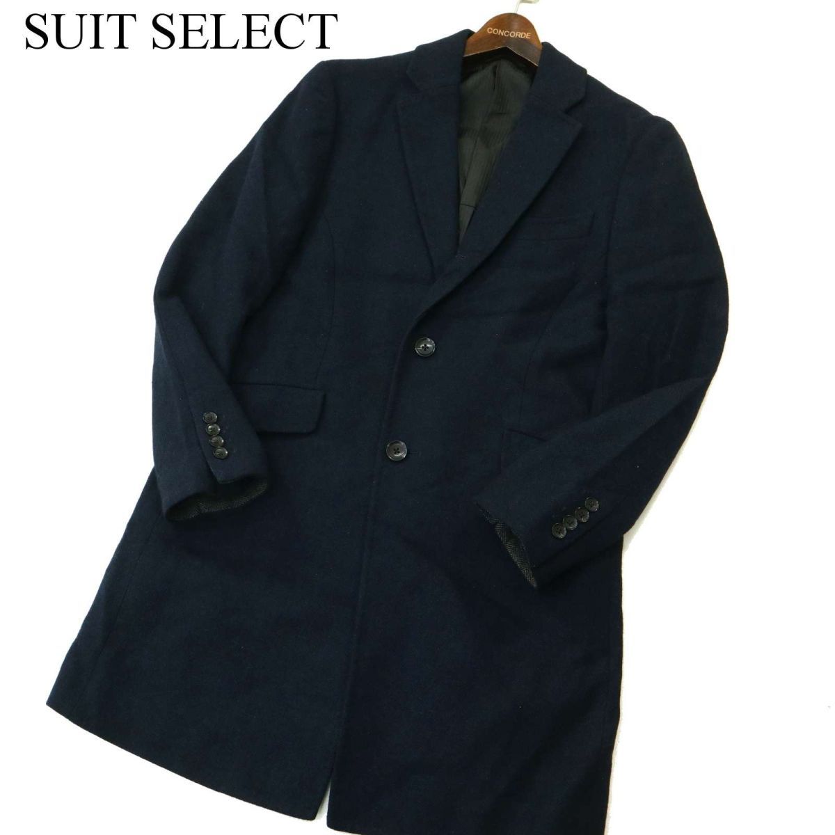 SUIT SELECT スーツセレクト 秋冬 ウール ツイード ヘリンボーン★ 段返り チェスター コート Sz.M　メンズ ネイビー　A3T14345_B#N_画像1