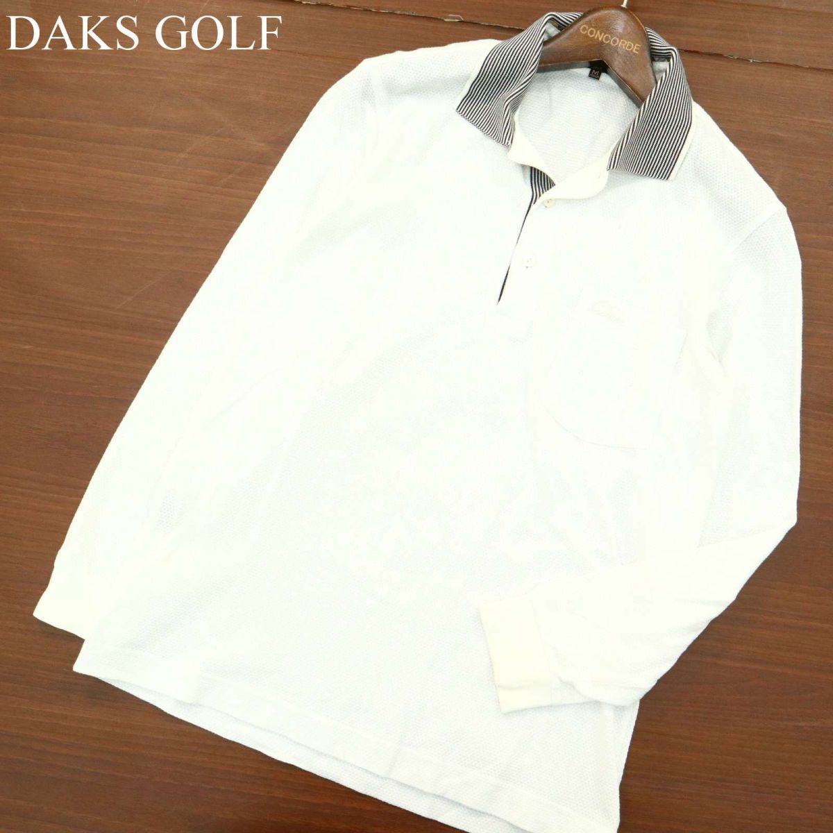 DAKS GOLF ダックス ゴルフ 通年 ロゴ刺繍★ ストライプ使い 長袖 ポロシャツ Sz.M　メンズ 白 日本製　A3T14995_C#C_画像1