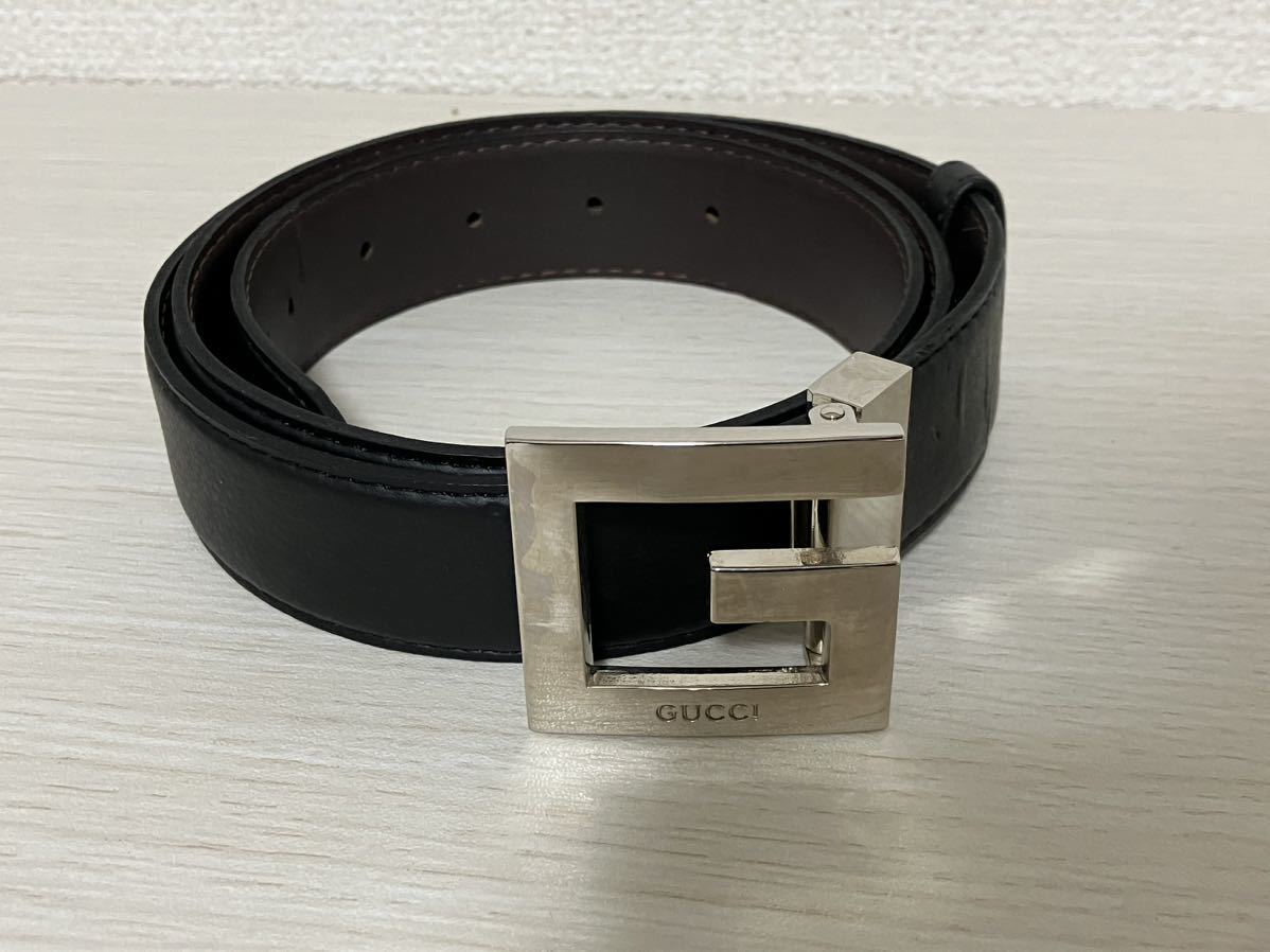 1円〜GUCCI グッチ ベルト レザー シルバー金具 メンズ ブラック ブランド ファッション 売り切り_画像1