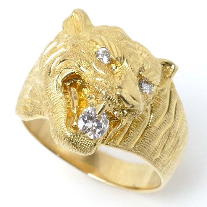 豪華で新しい K18YG イエローゴールド 美品 中古 メンズ 20.4g 20号 ダイヤモンド0.25ct リング・指輪 タイガー ゴールド