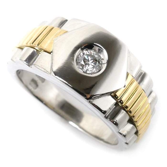 上品スタイル ダイヤモンド0.17ct リング・指輪 イエローゴールド K18YG Pt900プラチナ 15号 美品 中古 メンズ 16.2g プラチナ