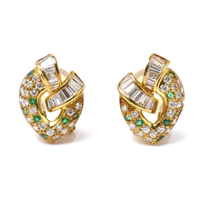最高品質の イヤリング イエローゴールド K18YG ダイヤモンド1.31ct 美品 中古 レディース バネ式 6.1g エメラルド0.20ct ダイヤモンド