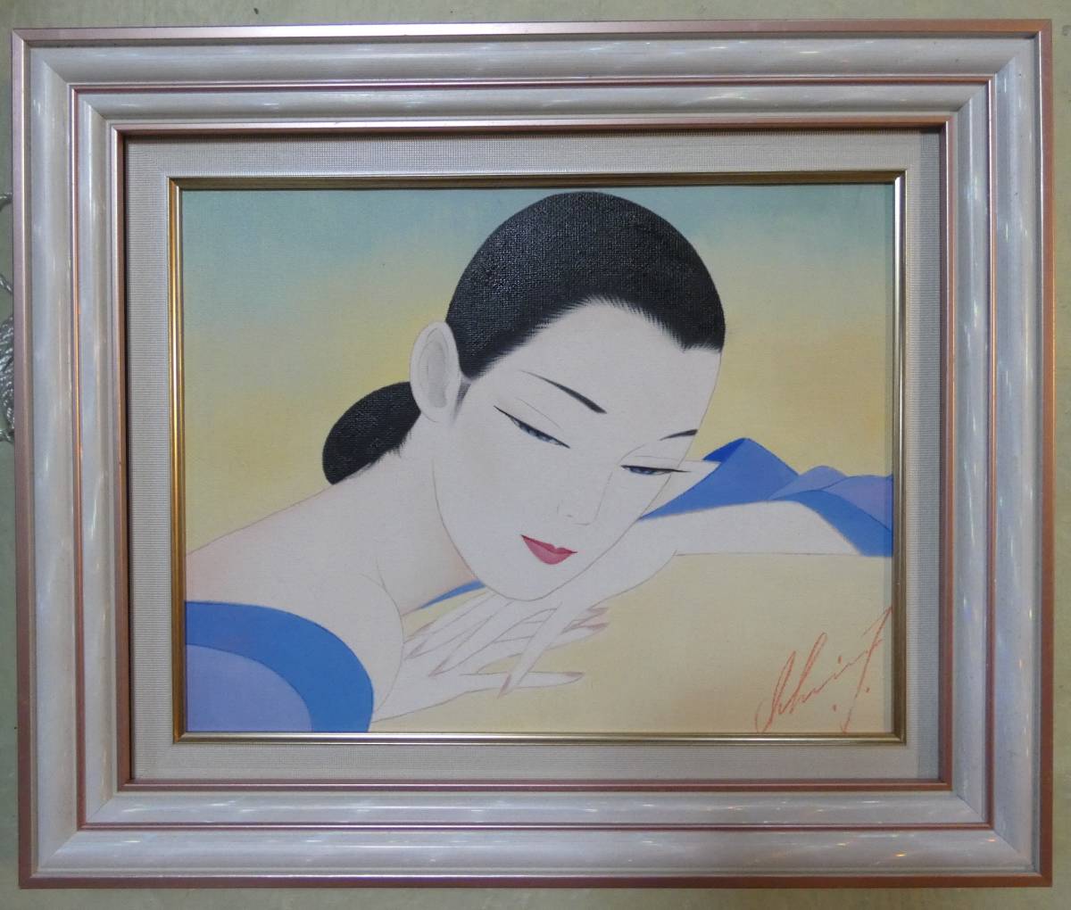 F6 油彩 / 人物画 ○ 絵画 鶴田一郎 【美人画】 正面サイン、裏 F6 油彩 / 人物画 ○ 絵画 鶴田一郎 【美人画】 正面サイン、裏