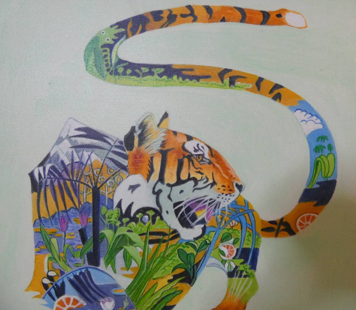 絵画 油彩 　動物画 　 ●　ジミー大西 【虎】裏サイン有/ 人気作品●額装 F6_画像3