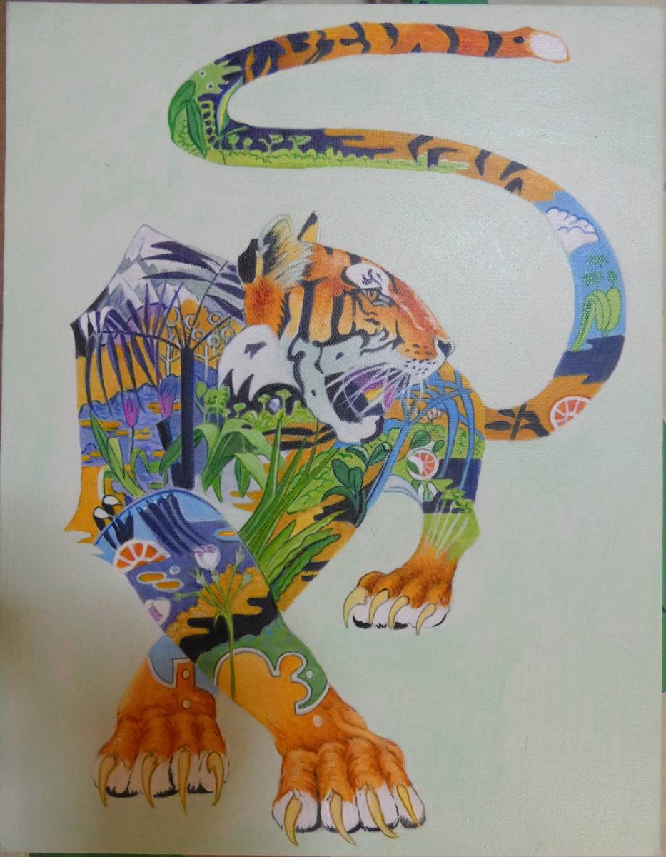 絵画 油彩 　動物画 　 ●　ジミー大西 【虎】裏サイン有/ 人気作品●額装 F6_画像2