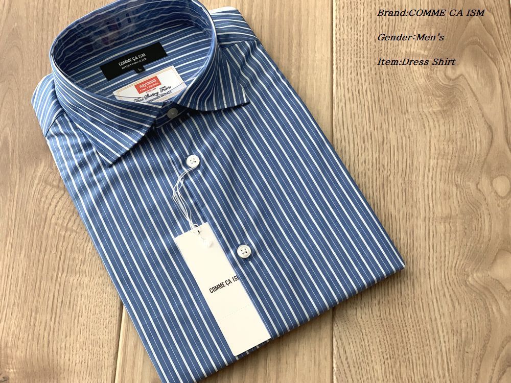 新品 定価6400円 COMME CA ISM コムサイズム メンズ エジプト綿 ドレスシャツ ワイシャツ ホリゾンタル ストライプ ブルー Mサイズ_画像3
