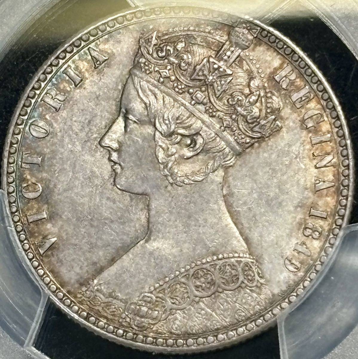 【英国銀貨】(銘貨「ゴチック ゴッドレスフローリン」PCGS-MS62 1849年銘)_画像1