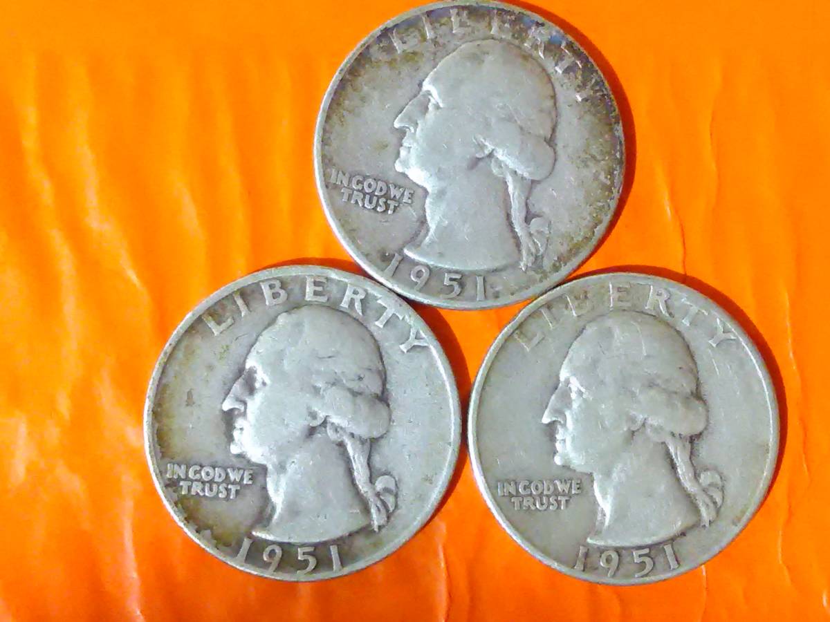 1円オーク：USA1951/51(D)/51(S)年ワシントン1/4ドル銀貨3枚NO-890-D_画像2