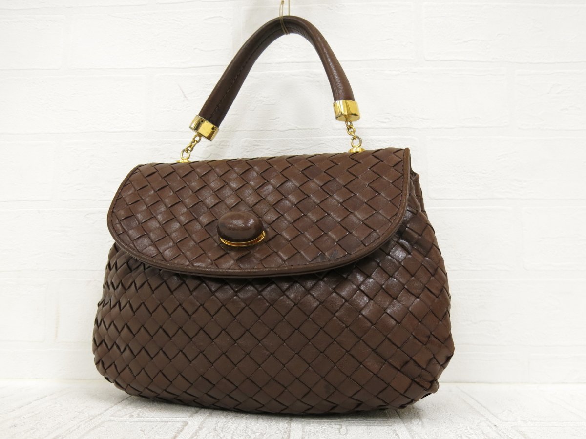 ◆美品◆BOTTEGA VENETA ボッテガ ヴェネタ◆イントレチャート◆ラム レザー 本革◆ミニ ハンド バッグ◆茶色 G金具◆ヴィンテージ◆A3391_画像1