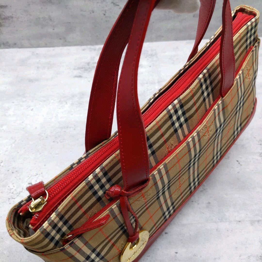 1円〜【美品】BURBERRY バーバリー ハンドバッグ ノバチェック シャドーホース チャーム 赤 レッド キャンバス レザー レディース メンズ_画像5