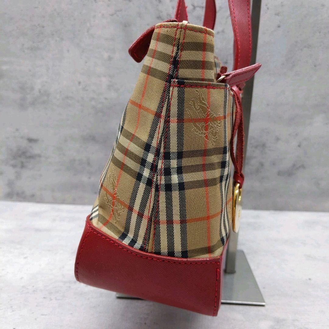 1円〜【美品】BURBERRY バーバリー ハンドバッグ ノバチェック シャドーホース チャーム 赤 レッド キャンバス レザー レディース メンズ_画像3