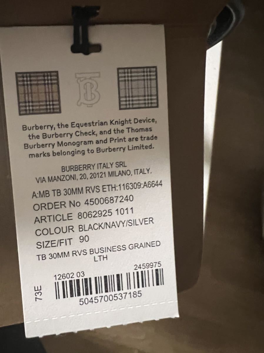 新品　バーバリー　TB ロゴ　レザー　ベルト　サイズ90cm 幅3センチ　黒 レザーベルト 金具_画像8