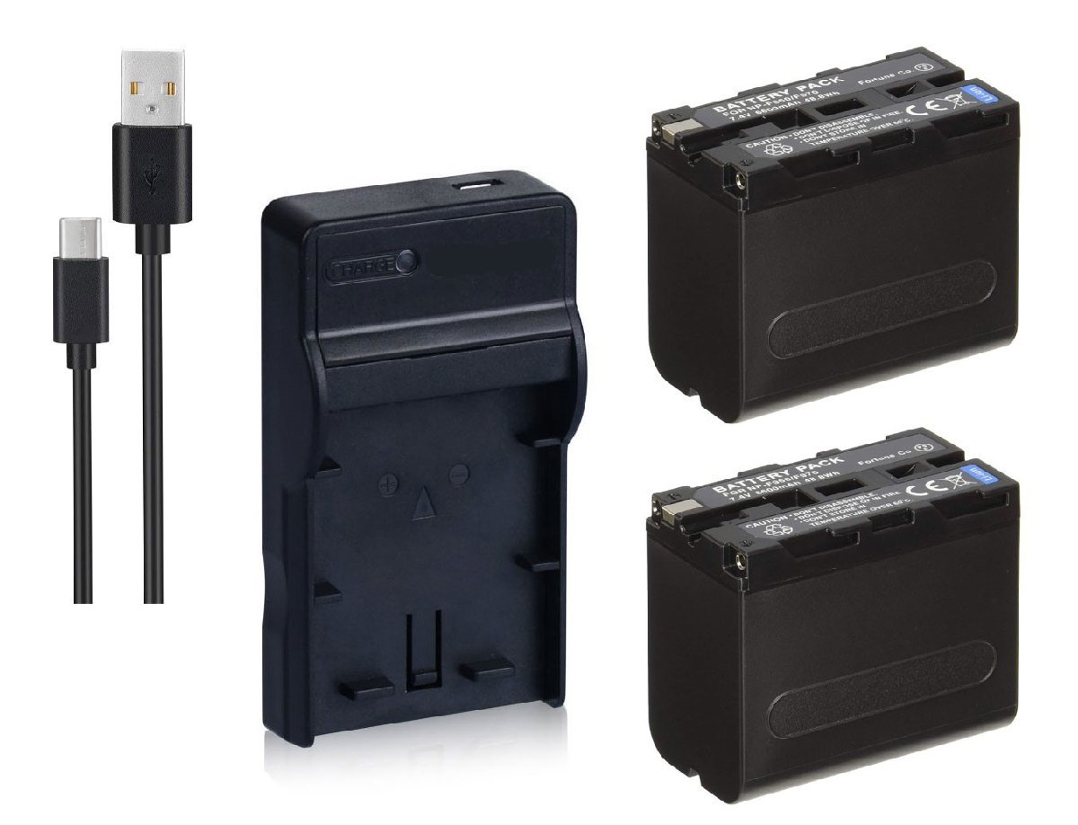USB充電器とバッテリー2個セット DC01 と Sony ソニー NP-F960 F970 互換バッテリー_画像1