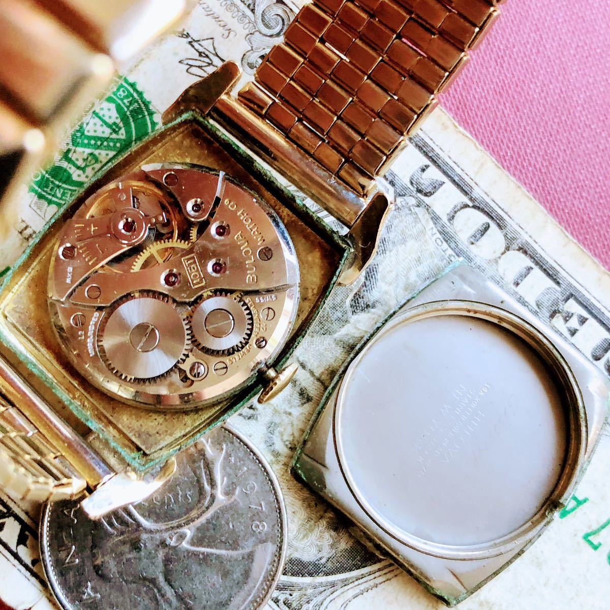 #2880【渋くてお洒落】メンズ 腕時計 ブローバ 動作品 17石 アンティーク ヴィンテージ 1952年 手巻き 機械式 Bulova 金メッキ ゴールドP_画像8