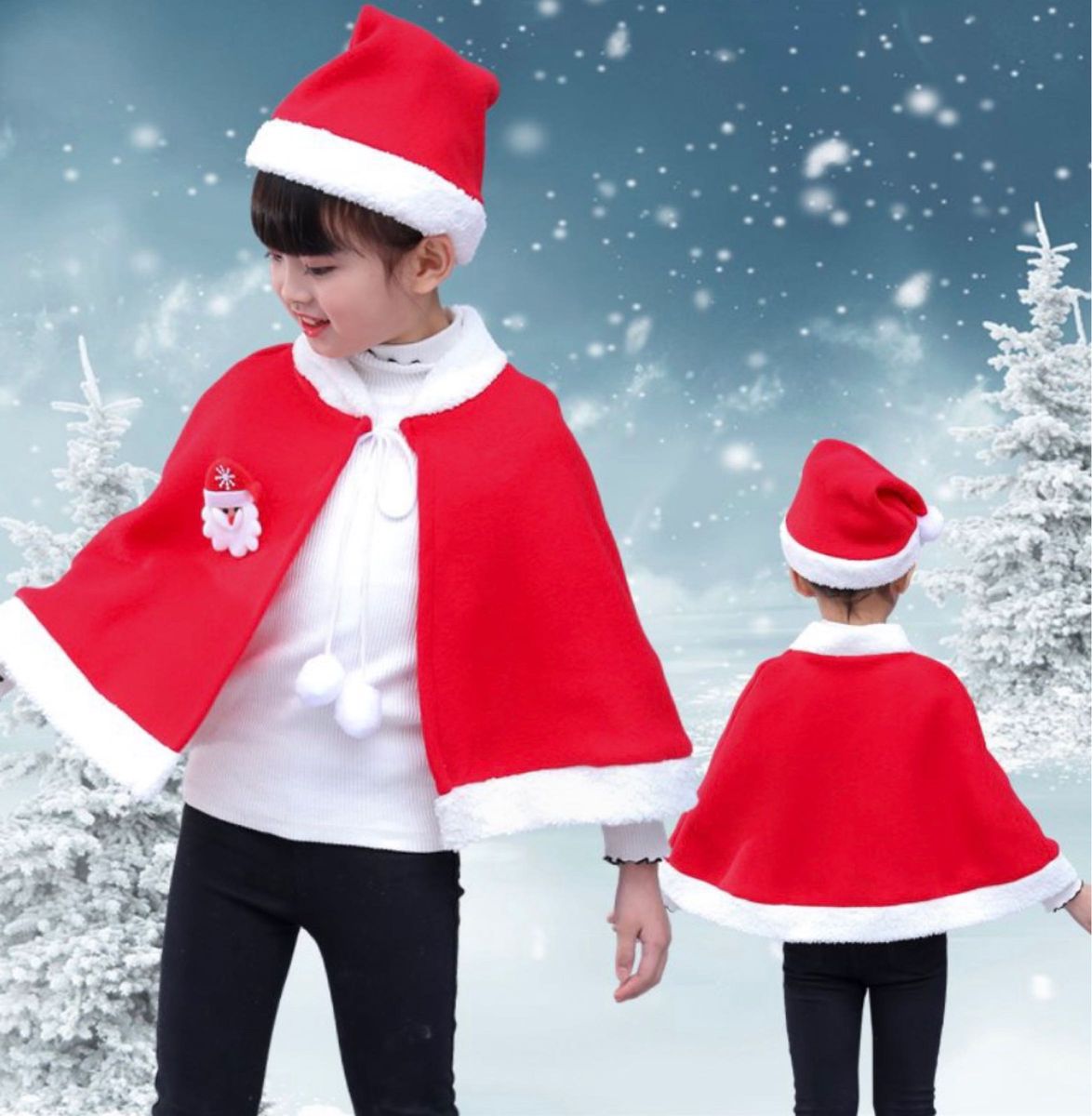 新品 子供用サンタコスプレ 衣装 サンタ帽子 ケープ マント 真ん中で結ぶボンボンがかわいい 3歳4歳 100cm クリスマスイベ